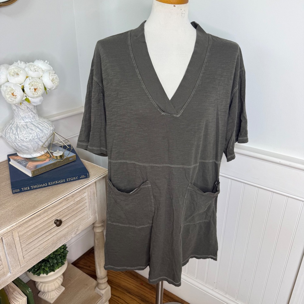Natural Life Womens Small Olive Green Slub Cotton V-Neck Tunic Top with Pockets